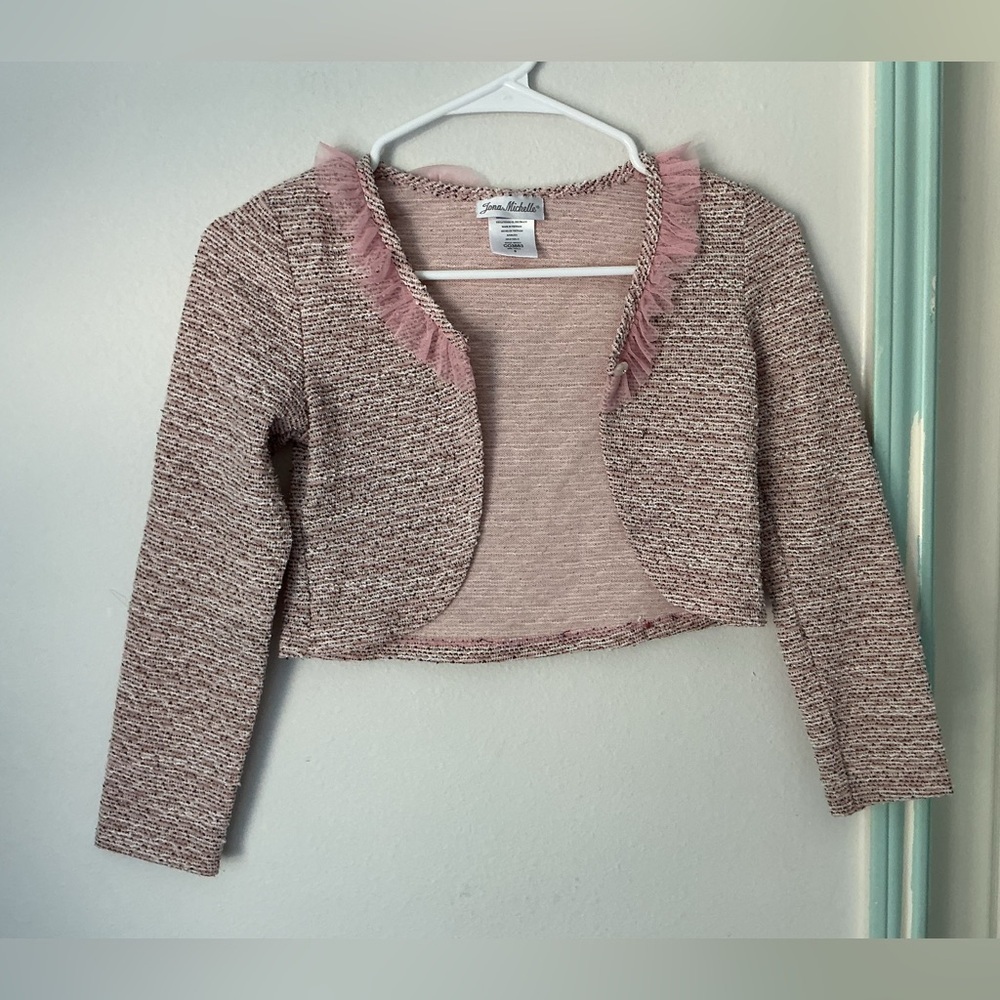 Pink Tweed Open-Front Sweater